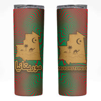 Mauritania Skinny Tumbler with Desert Camel Crescent Moon and Palm Tree Graphic in Red Green Gold Pattern