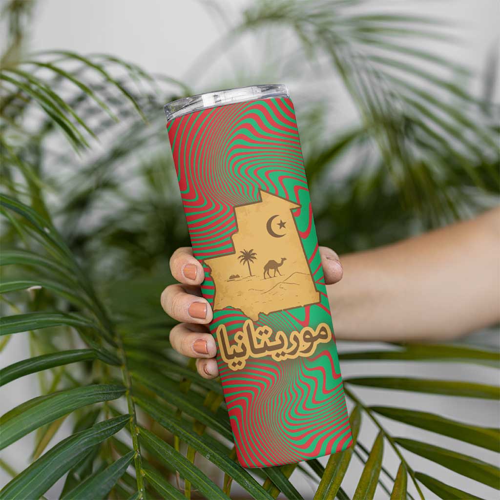 Mauritania Skinny Tumbler with Desert Camel Crescent Moon and Palm Tree Graphic in Red Green Gold Pattern