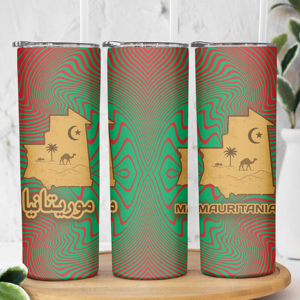 Mauritania Skinny Tumbler with Desert Camel Crescent Moon and Palm Tree Graphic in Red Green Gold Pattern