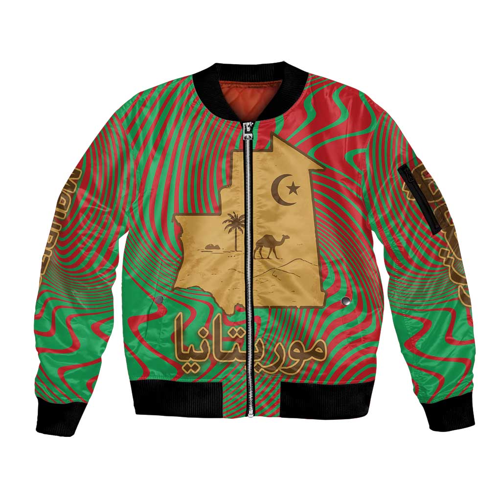 Mauritania Sleeve Zip Bomber Jacket with Desert Camel Crescent Moon and Palm Tree Graphic in Red Green Gold Pattern