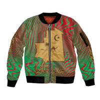 Mauritania Sleeve Zip Bomber Jacket with Desert Camel Crescent Moon and Palm Tree Graphic in Red Green Gold Pattern