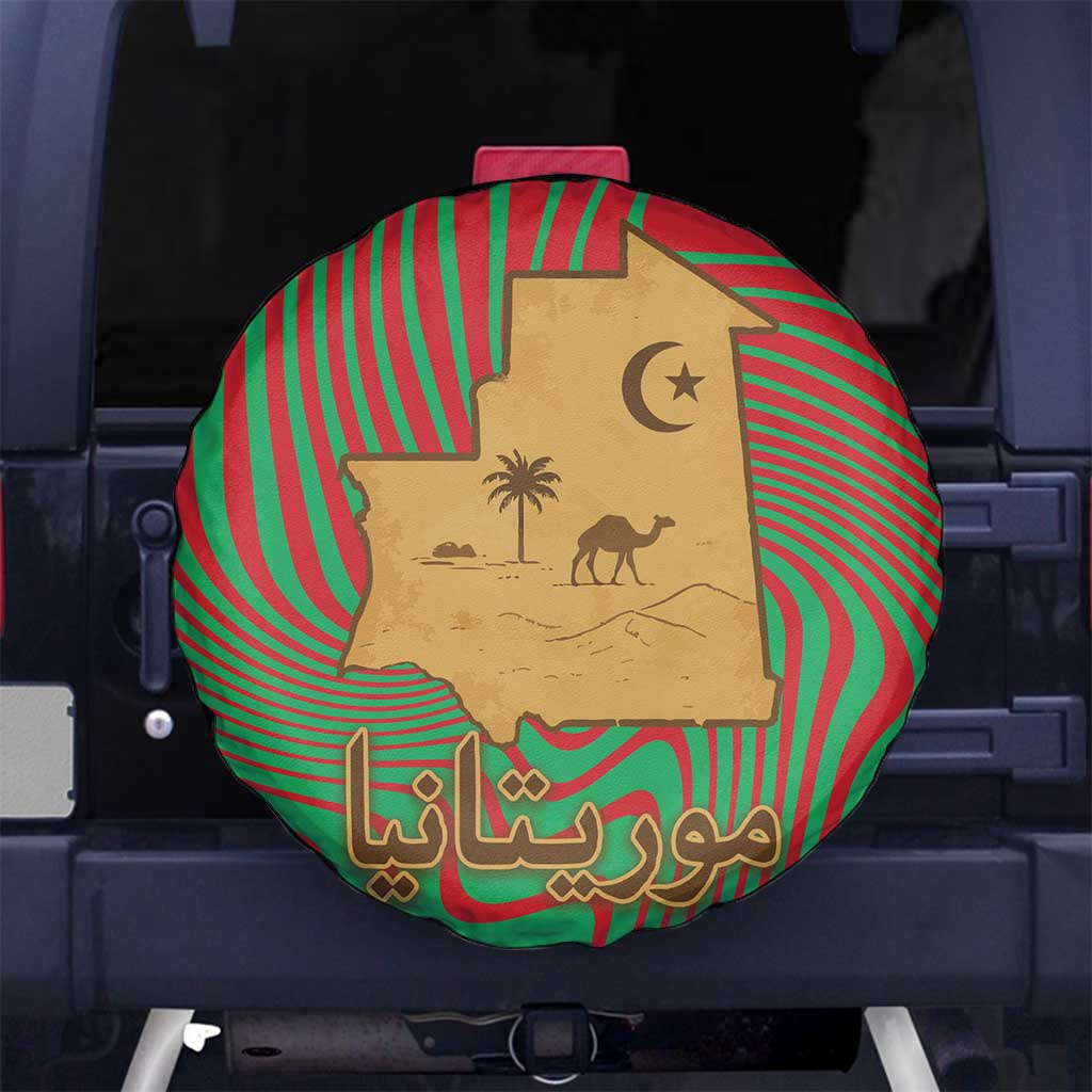 Mauritania Spare Tire Cover with Desert Camel Crescent Moon and Palm Tree Graphic in Red Green Gold Pattern