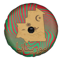 Mauritania Spare Tire Cover with Desert Camel Crescent Moon and Palm Tree Graphic in Red Green Gold Pattern