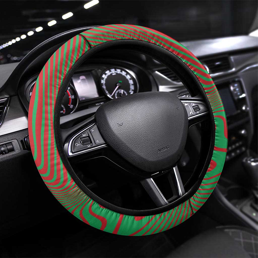 Mauritania Steering Wheel Cover with Desert Camel Crescent Moon and Palm Tree Graphic in Red Green Gold Pattern