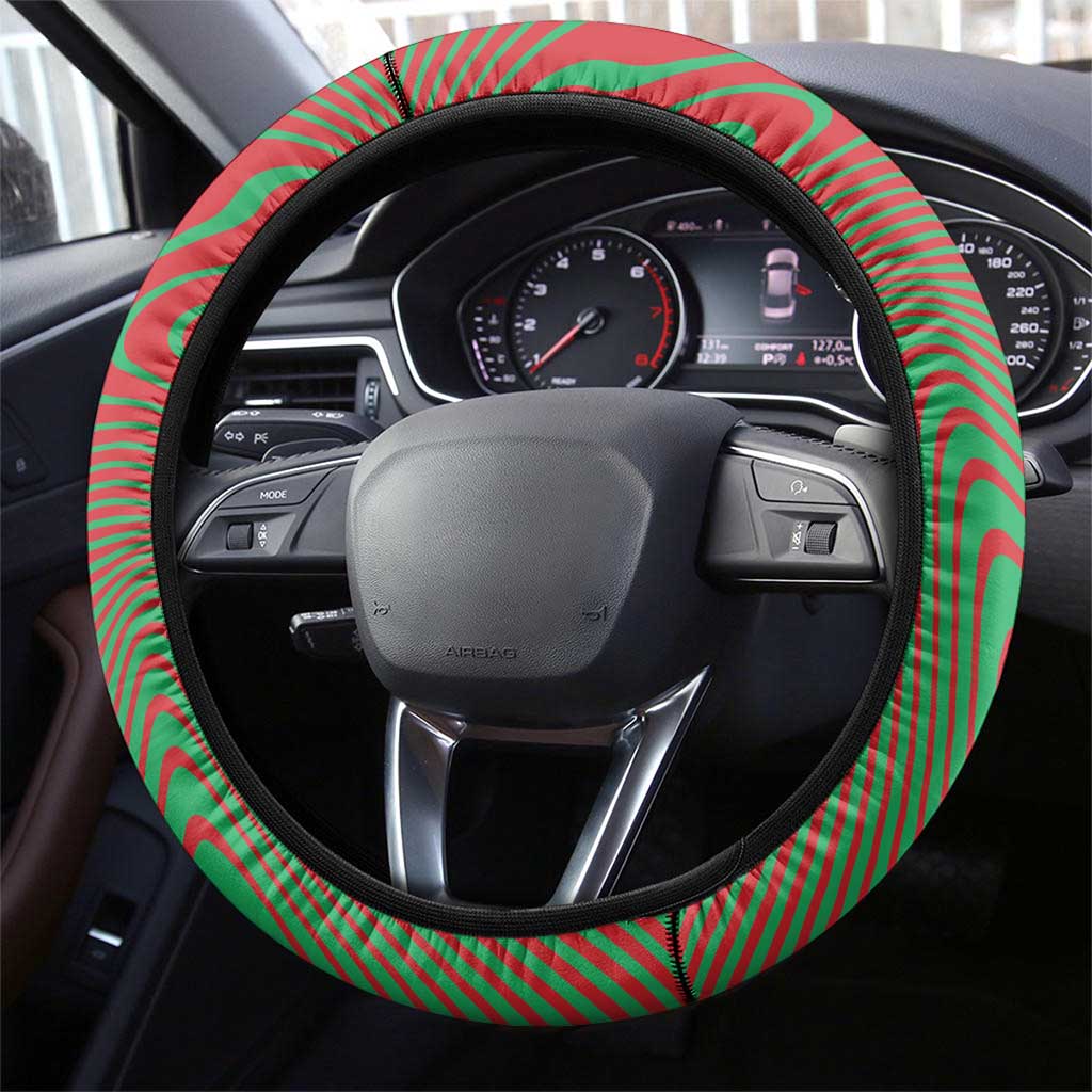 Mauritania Steering Wheel Cover with Desert Camel Crescent Moon and Palm Tree Graphic in Red Green Gold Pattern