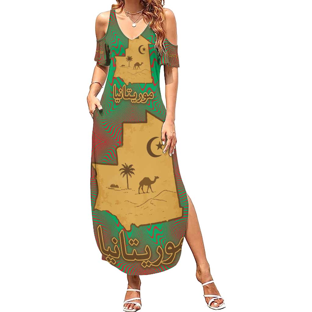 Mauritania Summer Maxi Dress with Desert Camel Crescent Moon and Palm Tree Graphic in Red Green Gold Pattern