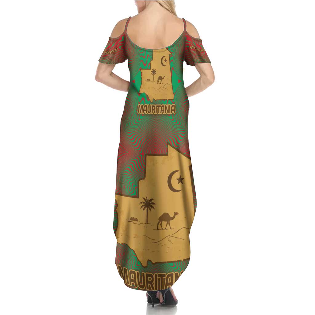 Mauritania Summer Maxi Dress with Desert Camel Crescent Moon and Palm Tree Graphic in Red Green Gold Pattern