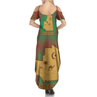 Mauritania Summer Maxi Dress with Desert Camel Crescent Moon and Palm Tree Graphic in Red Green Gold Pattern