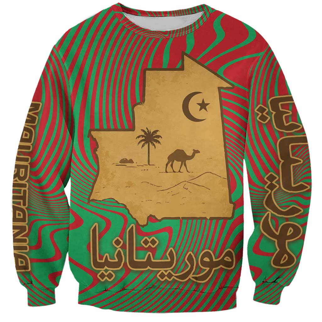Mauritania Sweatshirt with Desert Camel Crescent Moon and Palm Tree Graphic in Red Green Gold Pattern