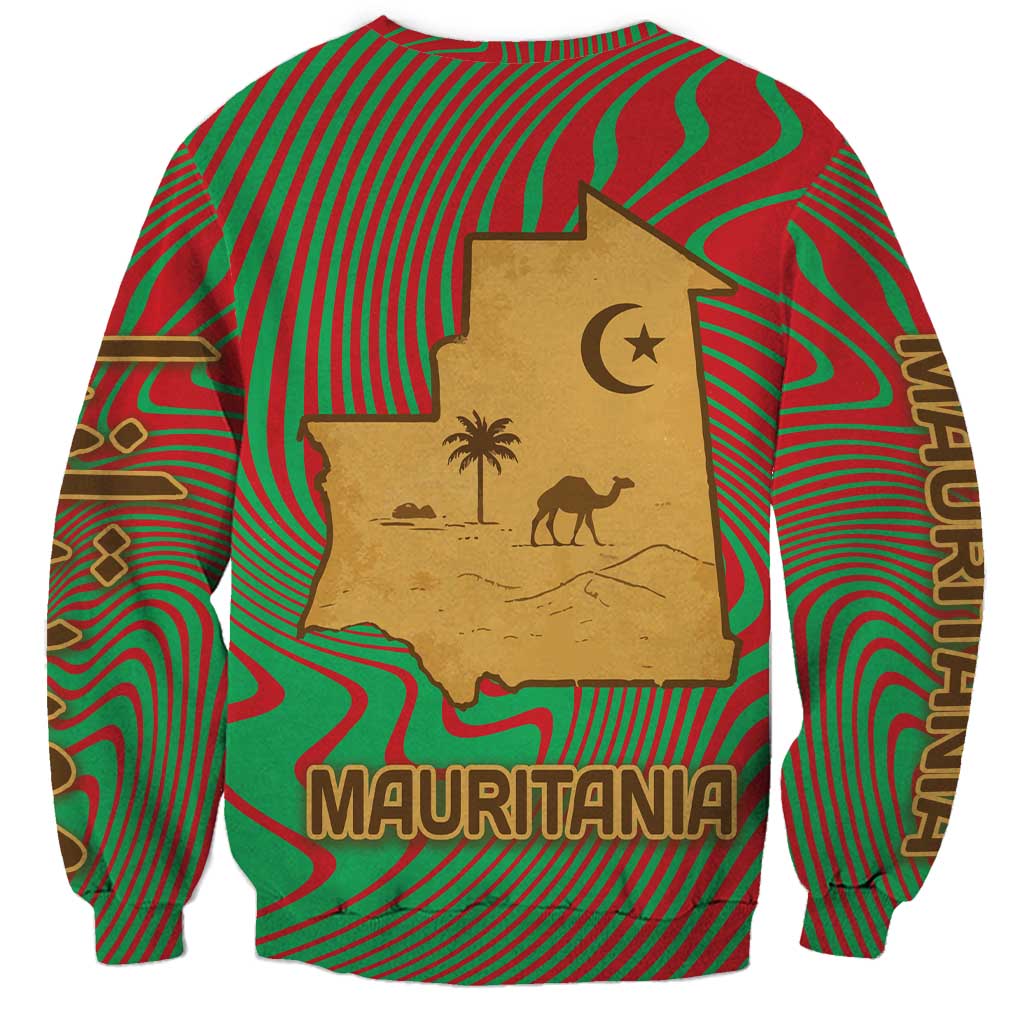 Mauritania Sweatshirt with Desert Camel Crescent Moon and Palm Tree Graphic in Red Green Gold Pattern