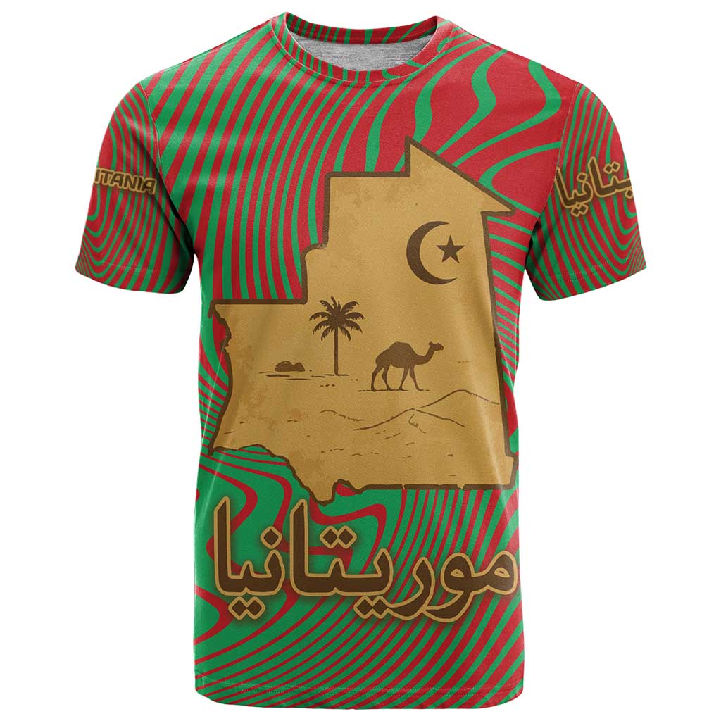 Mauritania T Shirt with Desert Camel Crescent Moon and Palm Tree Graphic in Red Green Gold Pattern