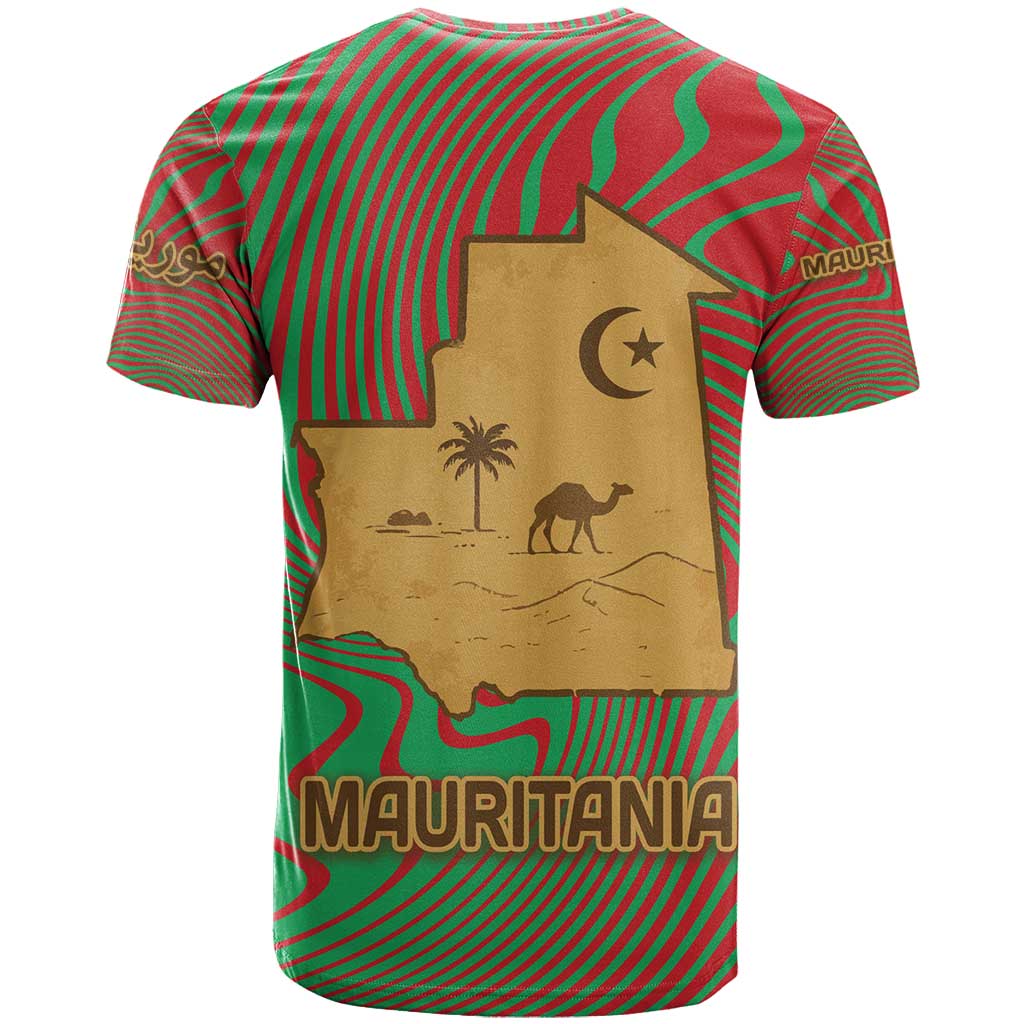 Mauritania T Shirt with Desert Camel Crescent Moon and Palm Tree Graphic in Red Green Gold Pattern