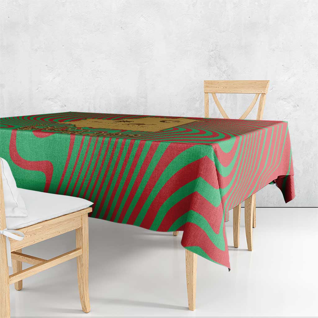 Mauritania Tablecloth with Desert Camel Crescent Moon and Palm Tree Graphic in Red Green Gold Pattern