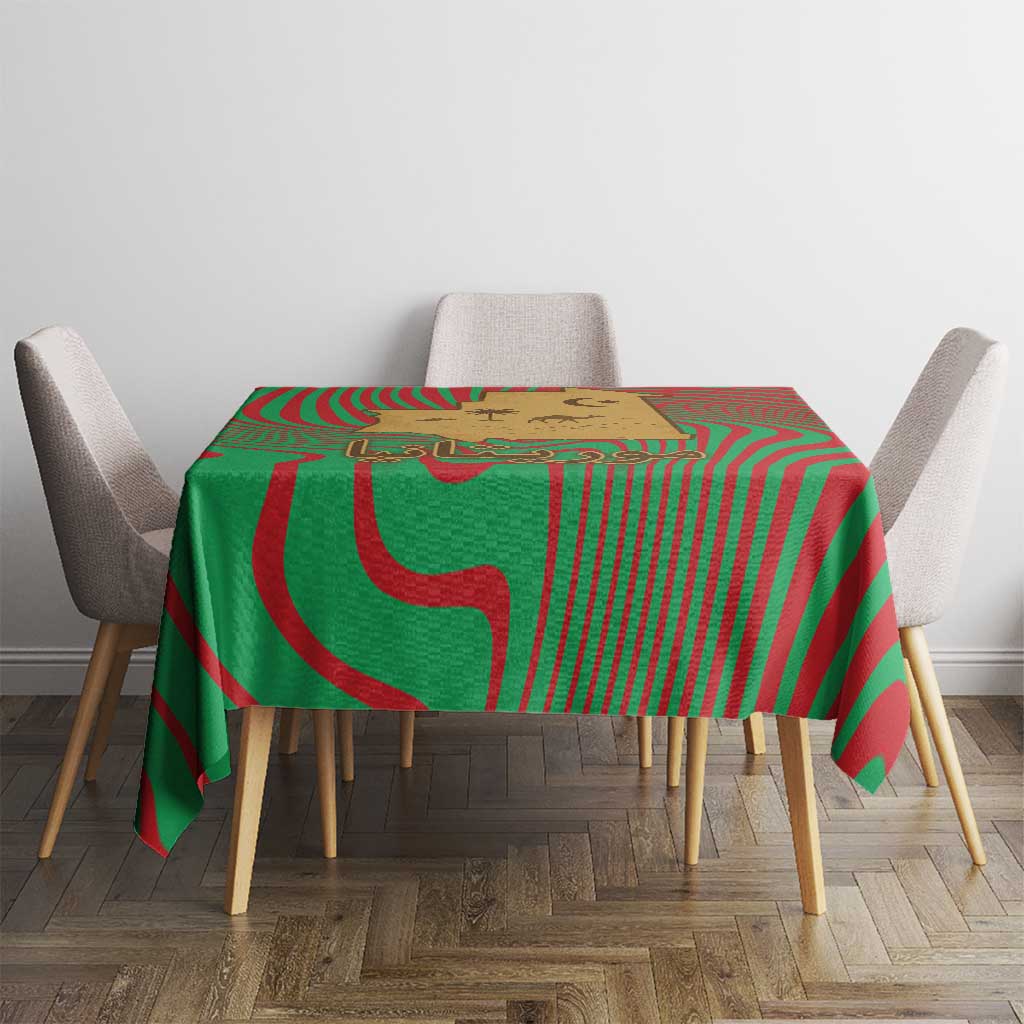 Mauritania Tablecloth with Desert Camel Crescent Moon and Palm Tree Graphic in Red Green Gold Pattern