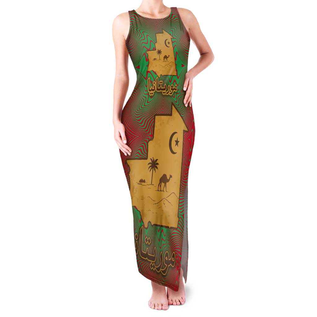 Mauritania Tank Maxi Dress with Desert Camel Crescent Moon and Palm Tree Graphic in Red Green Gold Pattern