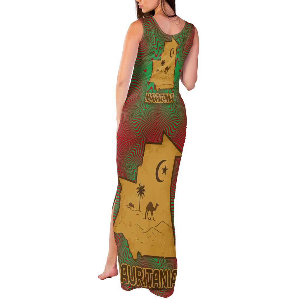 Mauritania Tank Maxi Dress with Desert Camel Crescent Moon and Palm Tree Graphic in Red Green Gold Pattern