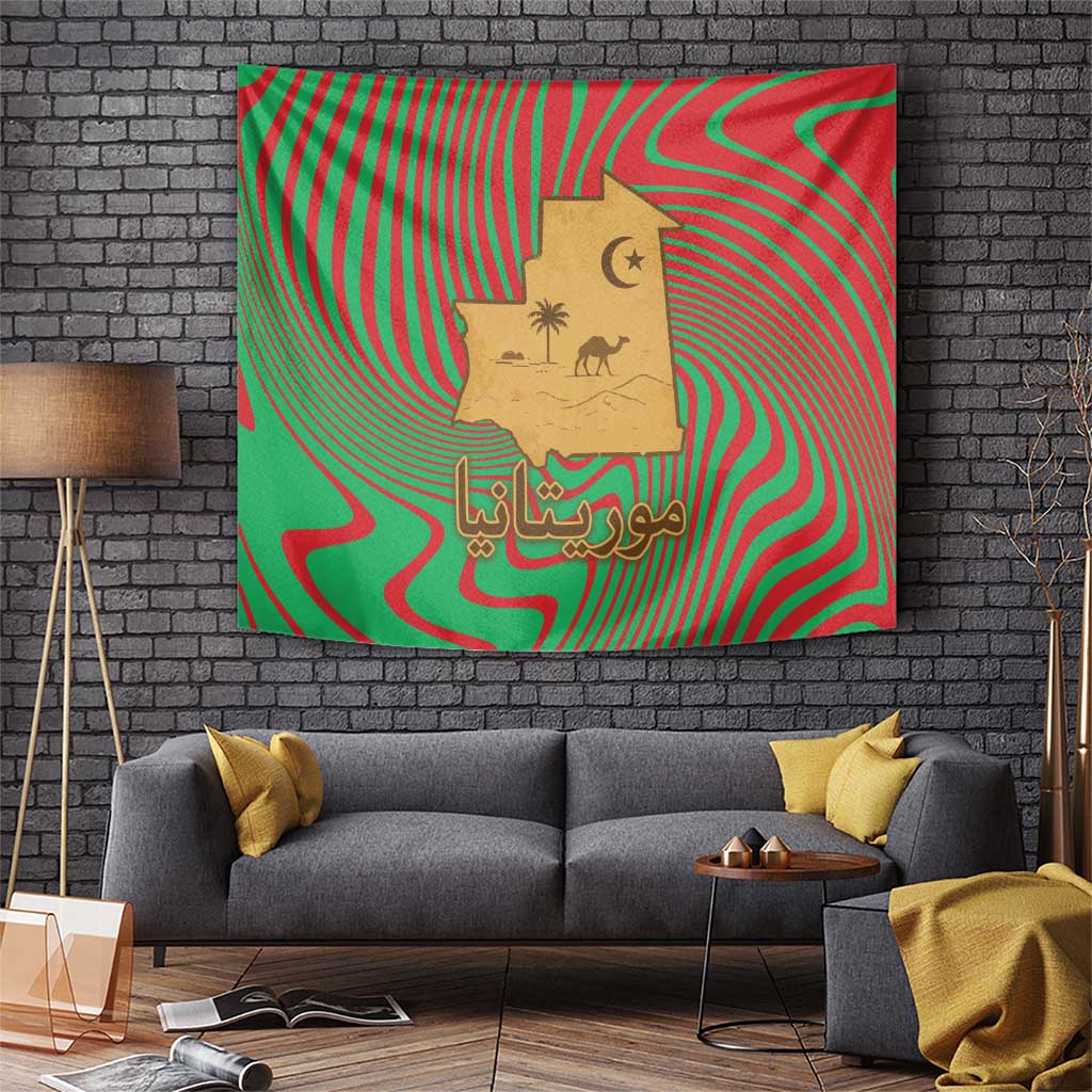 Mauritania Tapestry with Desert Camel Crescent Moon and Palm Tree Graphic in Red Green Gold Pattern