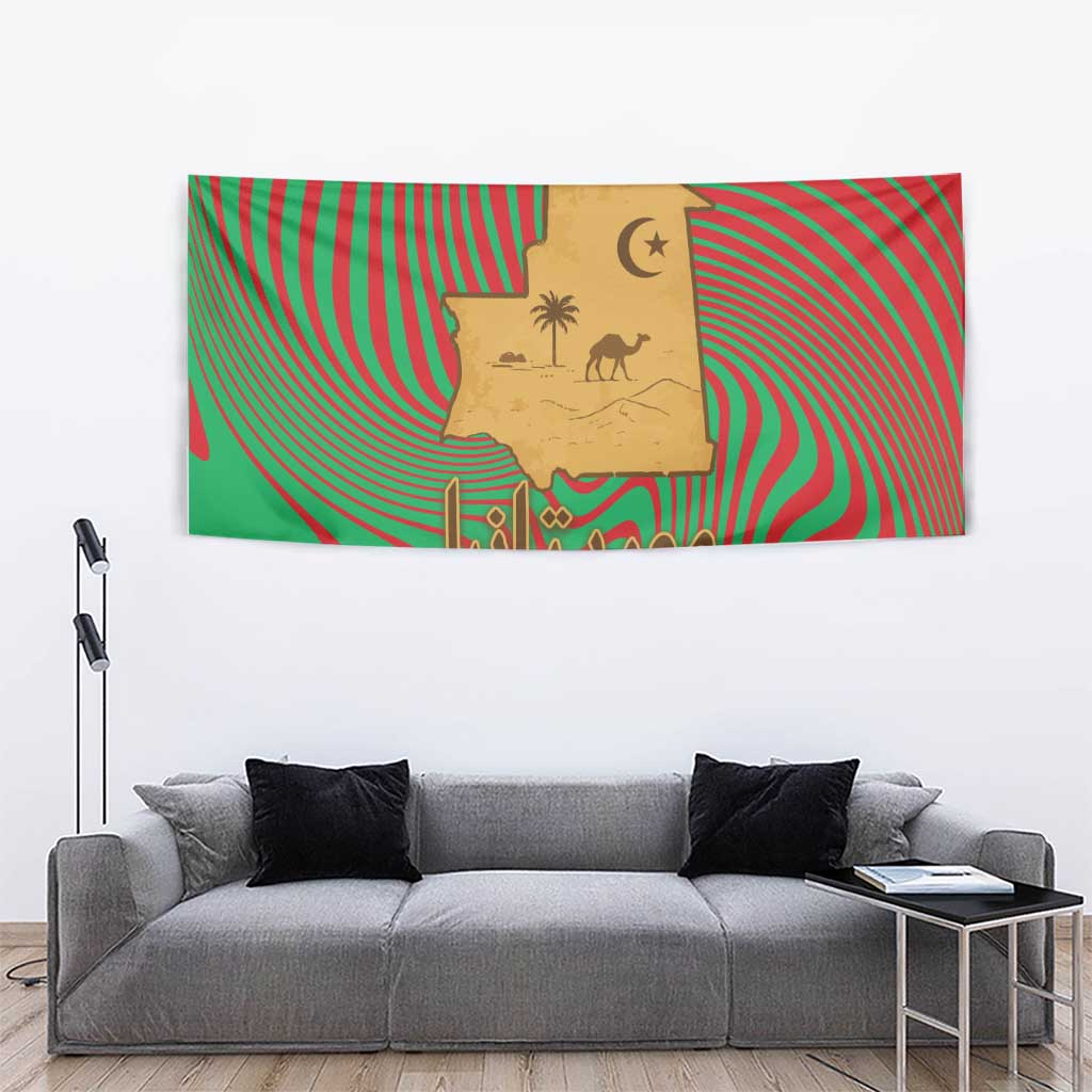 Mauritania Tapestry with Desert Camel Crescent Moon and Palm Tree Graphic in Red Green Gold Pattern