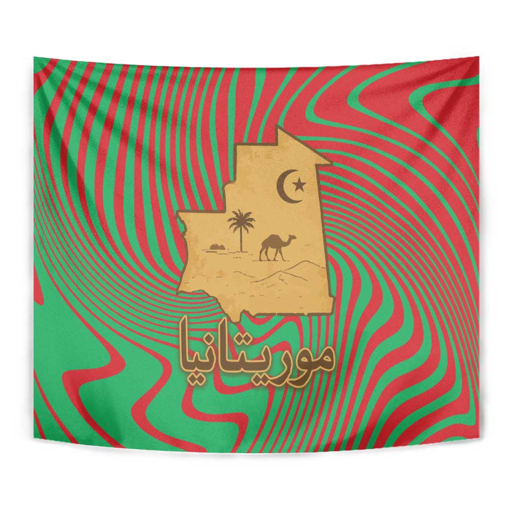 Mauritania Tapestry with Desert Camel Crescent Moon and Palm Tree Graphic in Red Green Gold Pattern
