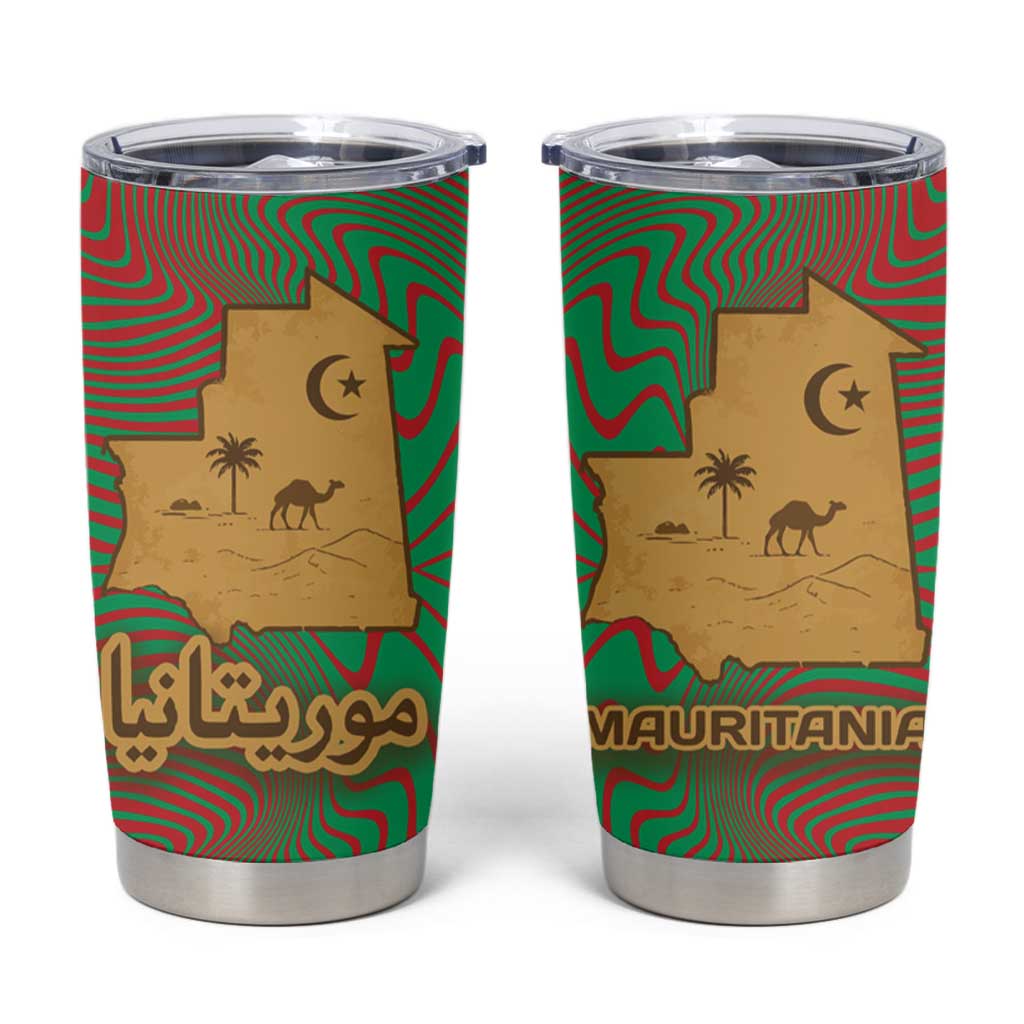 Mauritania Tumbler Cup with Desert Camel Crescent Moon and Palm Tree Graphic in Red Green Gold Pattern