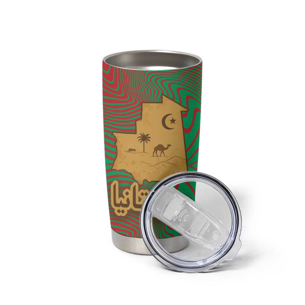 Mauritania Tumbler Cup with Desert Camel Crescent Moon and Palm Tree Graphic in Red Green Gold Pattern