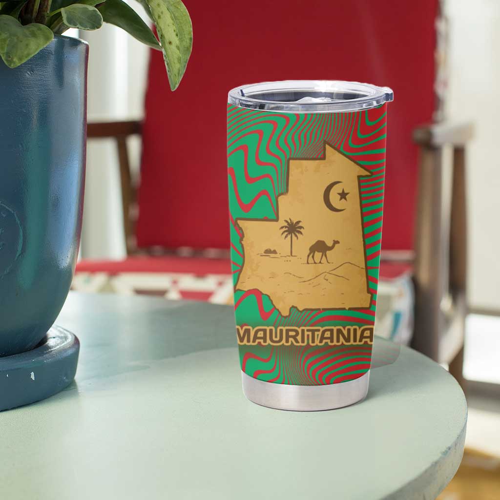 Mauritania Tumbler Cup with Desert Camel Crescent Moon and Palm Tree Graphic in Red Green Gold Pattern