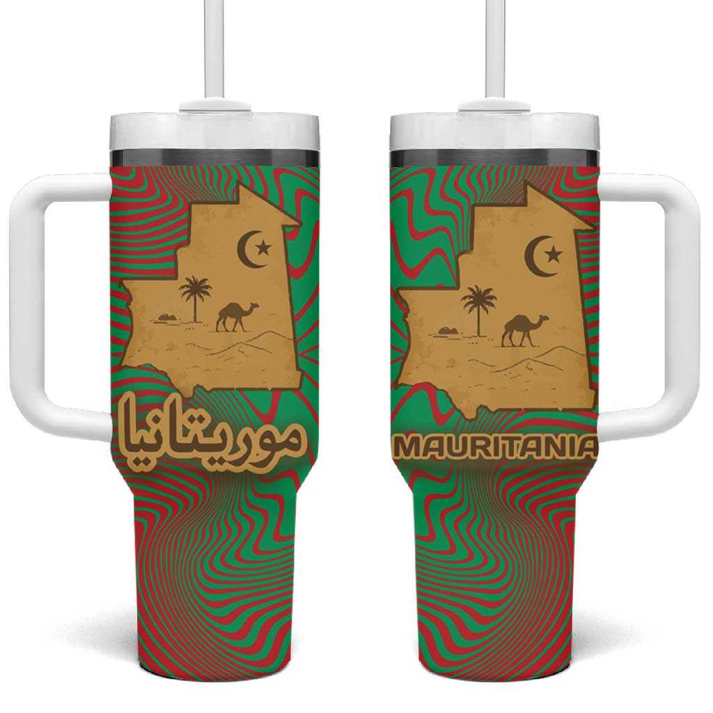 Mauritania Tumbler With Handle with Desert Camel Crescent Moon and Palm Tree Graphic in Red Green Gold Pattern