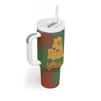 Mauritania Tumbler With Handle with Desert Camel Crescent Moon and Palm Tree Graphic in Red Green Gold Pattern