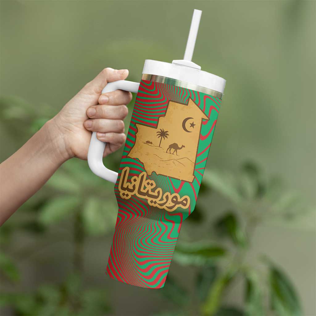 Mauritania Tumbler With Handle with Desert Camel Crescent Moon and Palm Tree Graphic in Red Green Gold Pattern