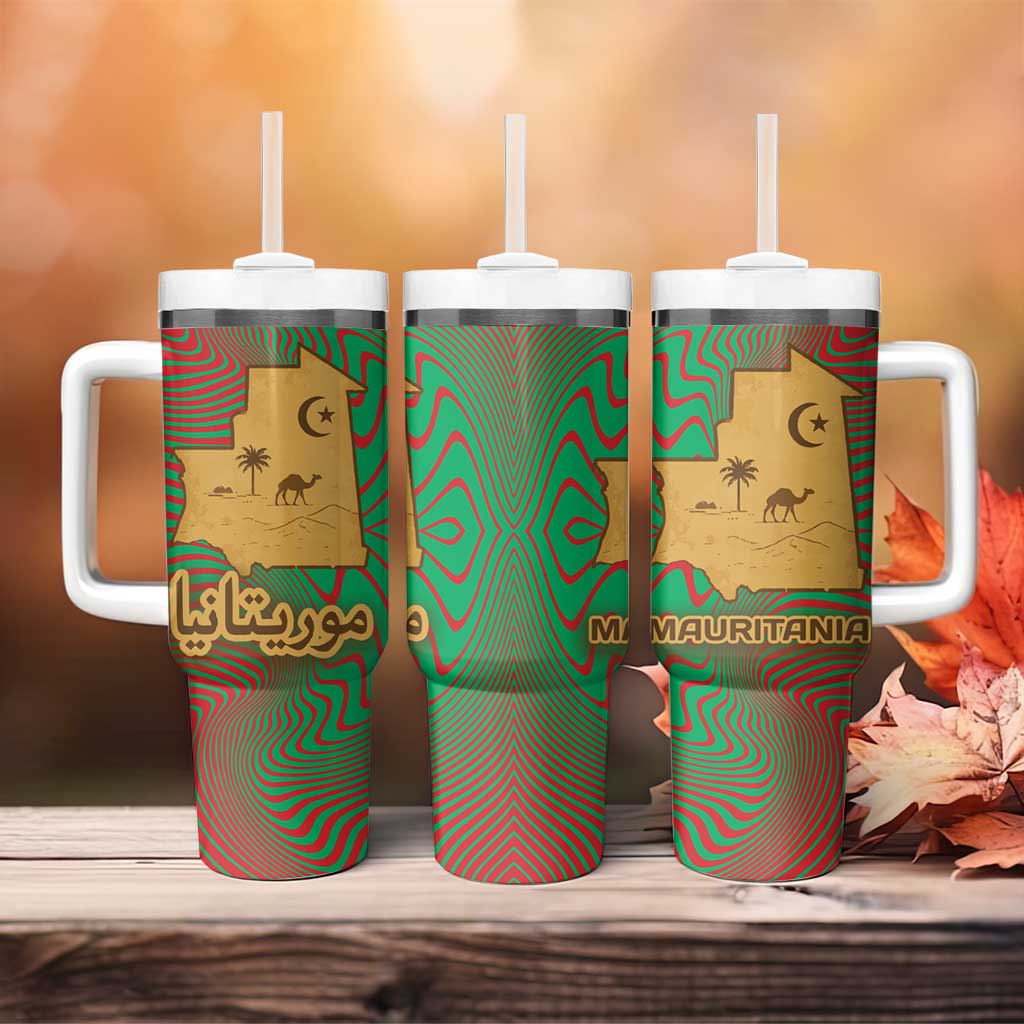 Mauritania Tumbler With Handle with Desert Camel Crescent Moon and Palm Tree Graphic in Red Green Gold Pattern