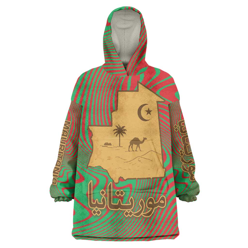 Mauritania Wearable Blanket Hoodie with Desert Camel Crescent Moon and Palm Tree Graphic in Red Green Gold Pattern