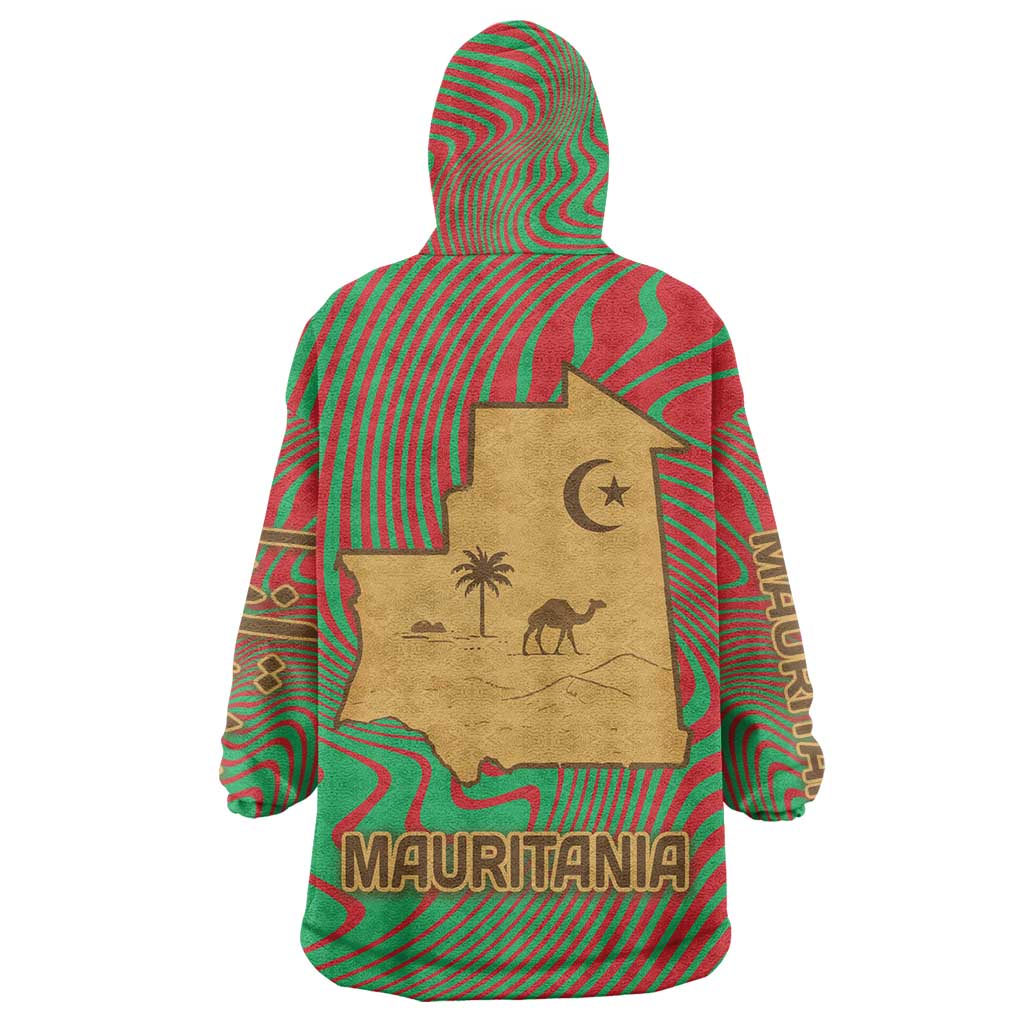 Mauritania Wearable Blanket Hoodie with Desert Camel Crescent Moon and Palm Tree Graphic in Red Green Gold Pattern