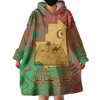 Mauritania Wearable Blanket Hoodie with Desert Camel Crescent Moon and Palm Tree Graphic in Red Green Gold Pattern