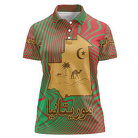 Mauritania Women Polo Shirt with Desert Camel Crescent Moon and Palm Tree Graphic in Red Green Gold Pattern