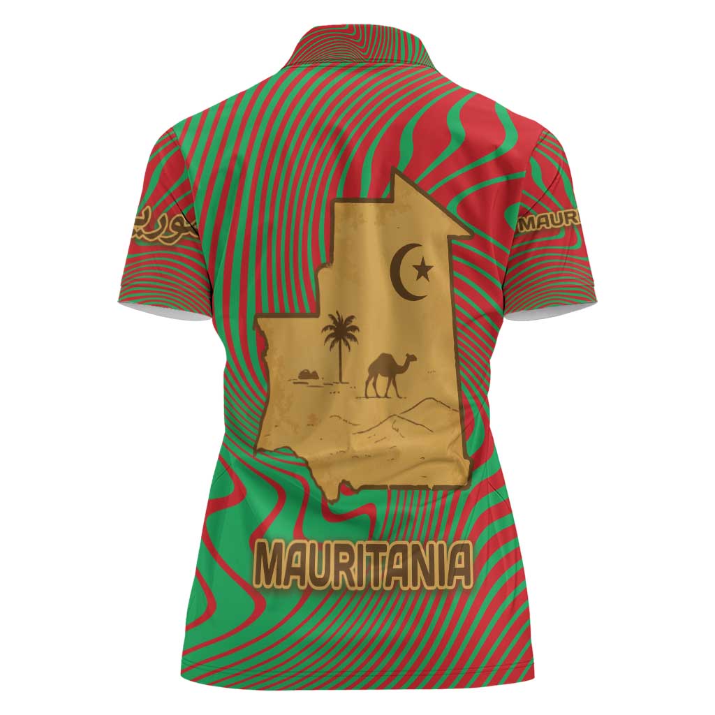 Mauritania Women Polo Shirt with Desert Camel Crescent Moon and Palm Tree Graphic in Red Green Gold Pattern