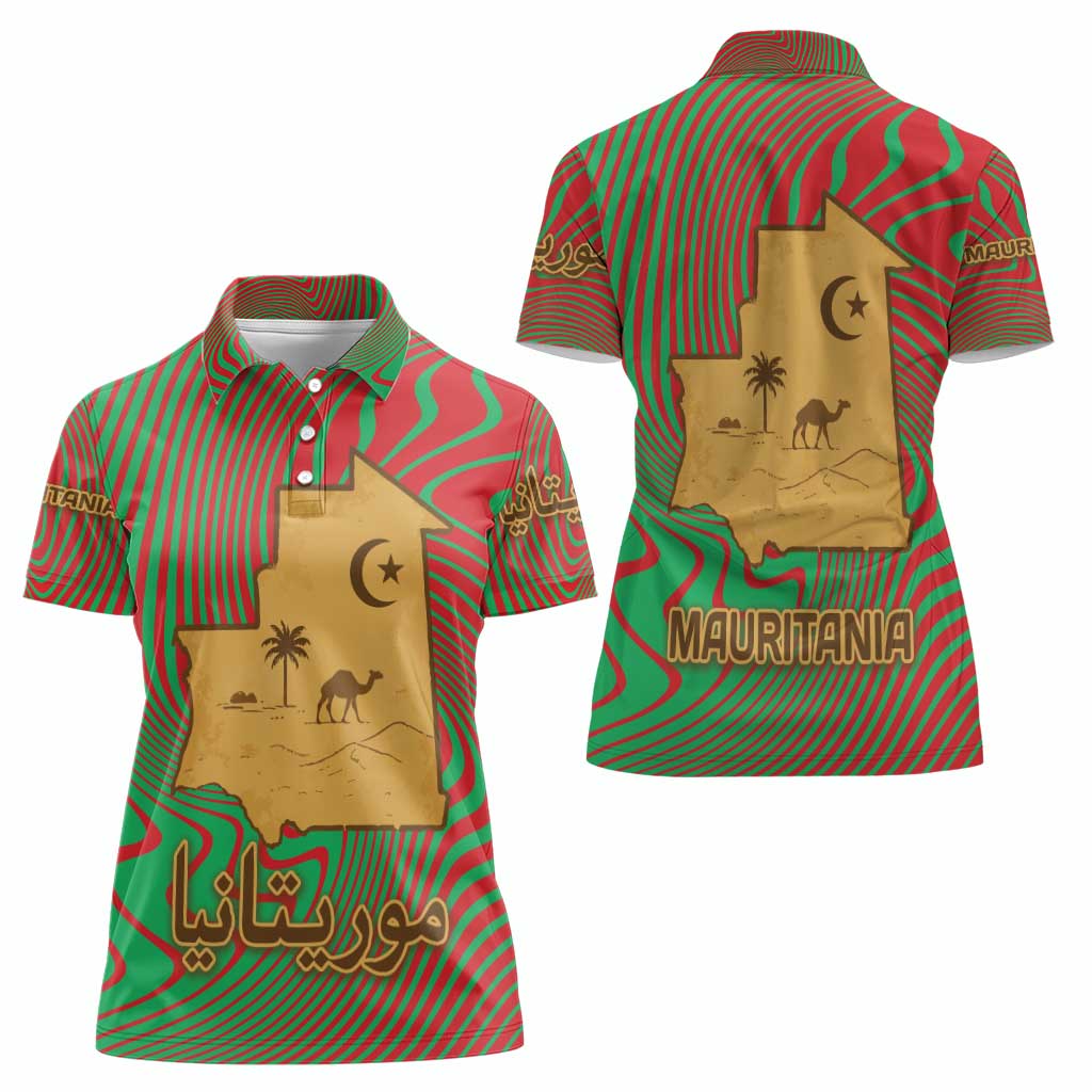 Mauritania Women Polo Shirt with Desert Camel Crescent Moon and Palm Tree Graphic in Red Green Gold Pattern