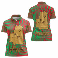 Mauritania Women Polo Shirt with Desert Camel Crescent Moon and Palm Tree Graphic in Red Green Gold Pattern