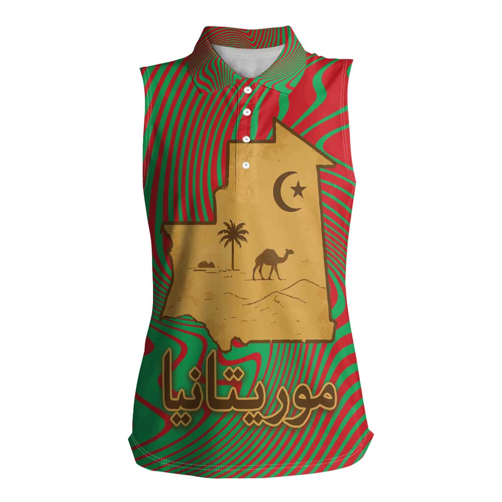Mauritania Women Sleeveless Polo Shirt with Desert Camel Crescent Moon and Palm Tree Graphic in Red Green Gold Pattern