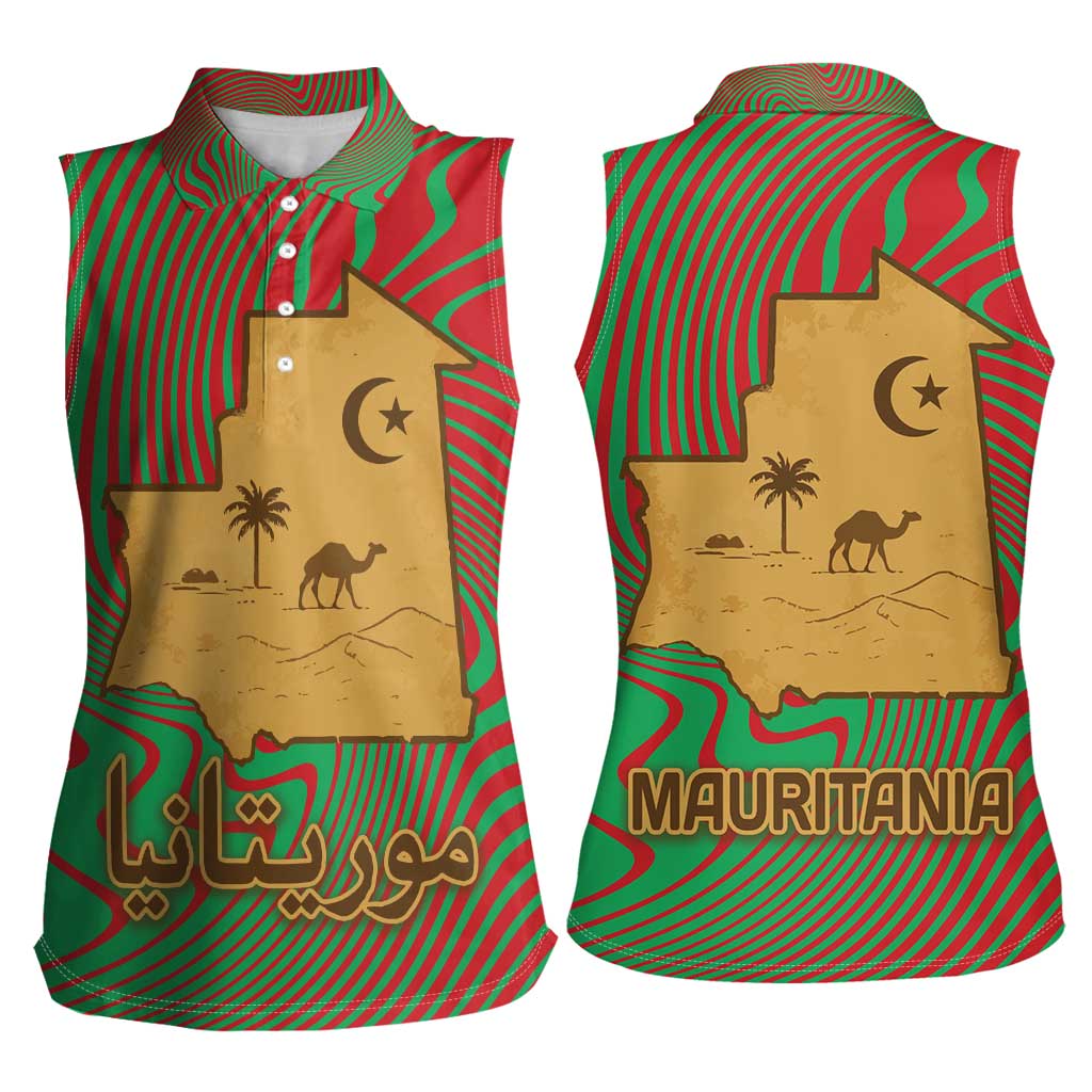 Mauritania Women Sleeveless Polo Shirt with Desert Camel Crescent Moon and Palm Tree Graphic in Red Green Gold Pattern