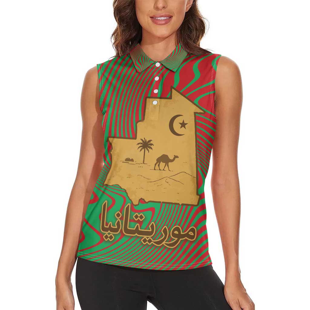 Mauritania Women Sleeveless Polo Shirt with Desert Camel Crescent Moon and Palm Tree Graphic in Red Green Gold Pattern