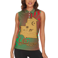 Mauritania Women Sleeveless Polo Shirt with Desert Camel Crescent Moon and Palm Tree Graphic in Red Green Gold Pattern