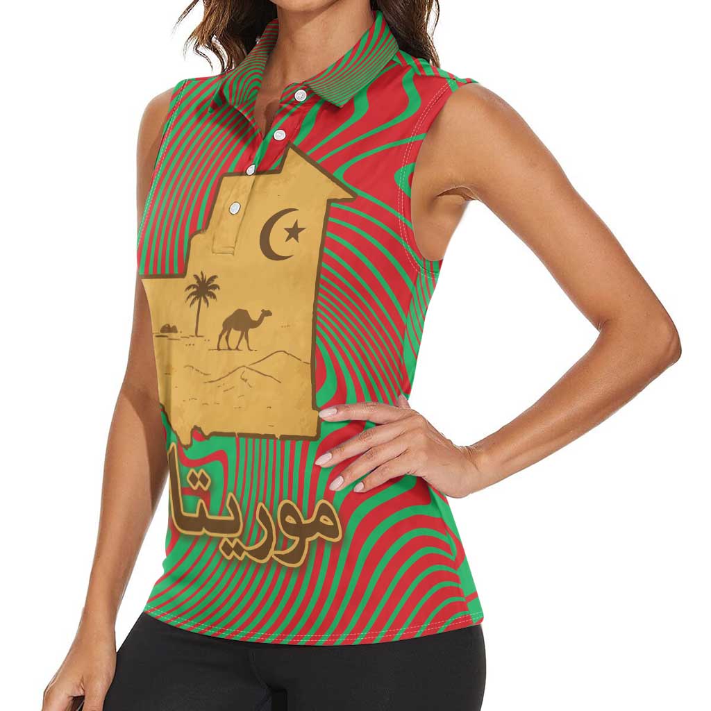 Mauritania Women Sleeveless Polo Shirt with Desert Camel Crescent Moon and Palm Tree Graphic in Red Green Gold Pattern