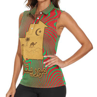 Mauritania Women Sleeveless Polo Shirt with Desert Camel Crescent Moon and Palm Tree Graphic in Red Green Gold Pattern