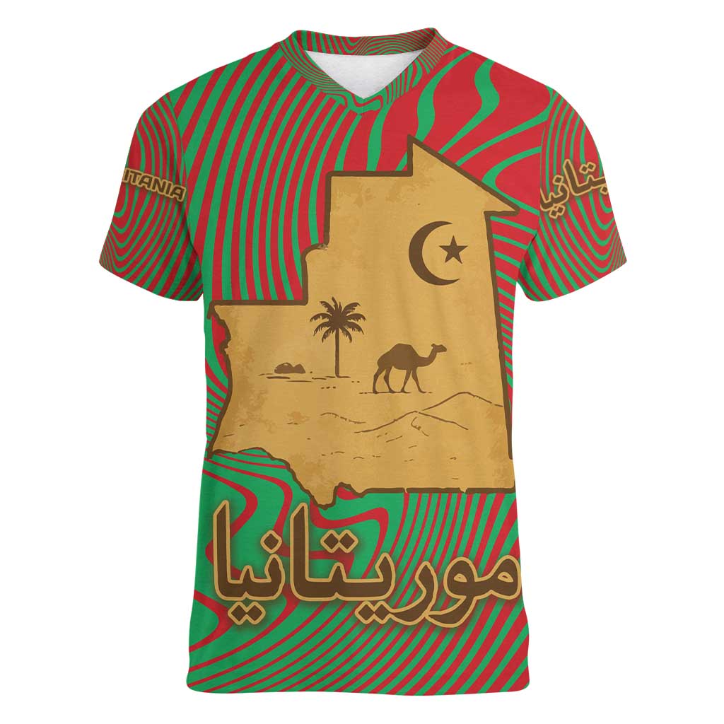 Mauritania Women V-Neck T-Shirt with Desert Camel Crescent Moon and Palm Tree Graphic in Red Green Gold Pattern