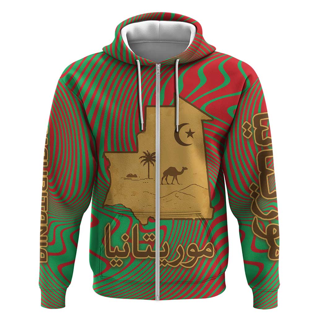 Mauritania Zip Hoodie with Desert Camel Crescent Moon and Palm Tree Graphic in Red Green Gold Pattern