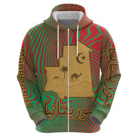 Mauritania Zip Hoodie with Desert Camel Crescent Moon and Palm Tree Graphic in Red Green Gold Pattern