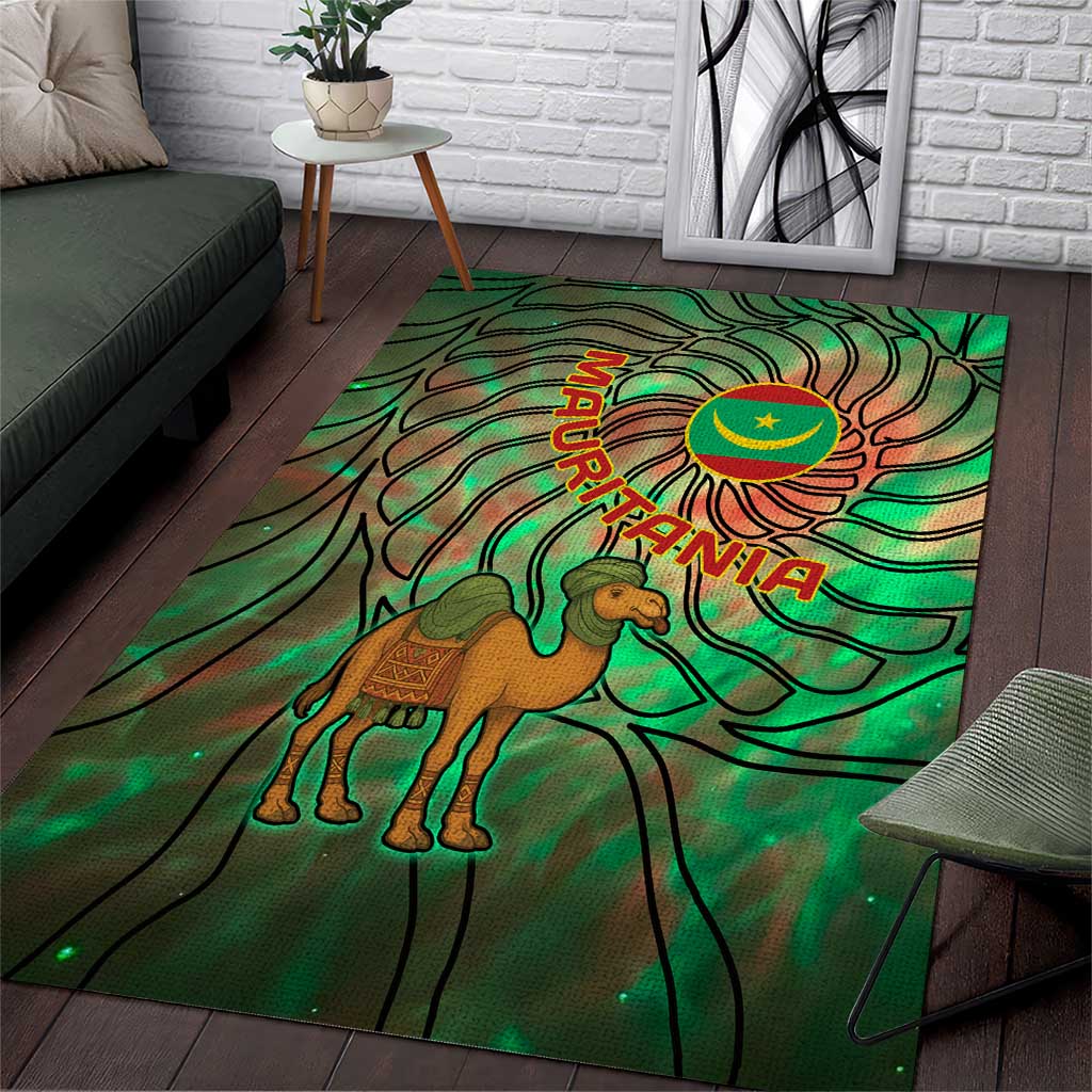 Mauritania Area Rug with Green Tie Dye Camel and Crescent Moon Flag Design