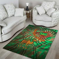 Mauritania Area Rug with Green Tie Dye Camel and Crescent Moon Flag Design