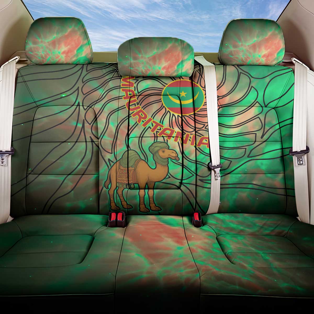 Mauritania Back Car Seat Cover with Green Tie Dye Camel and Crescent Moon Flag Design
