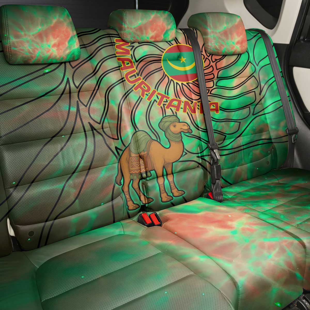 Mauritania Back Car Seat Cover with Green Tie Dye Camel and Crescent Moon Flag Design